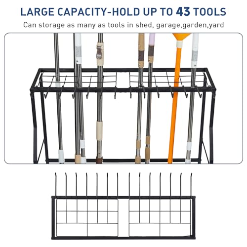 Garden Tool Organizer, Large Yard Tool Rack for Garage Organization and Storage, 5 Large Tool Slots For D/Y-shaped Handles, Up to 43 Long-Handled Tools/Brooms/Rakes, Garden Tool Stand for Shed Black