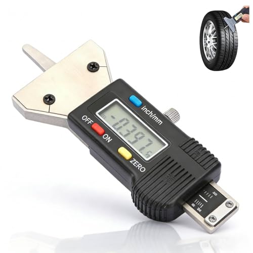 Jauge Profondeur Pneu Digital, 0-25 mm Jauge de Profondeur Pneus Pratique, Pied de Profondeur Pneus Bande de Roulement en Acier Inoxydable avec Écran LCD,...