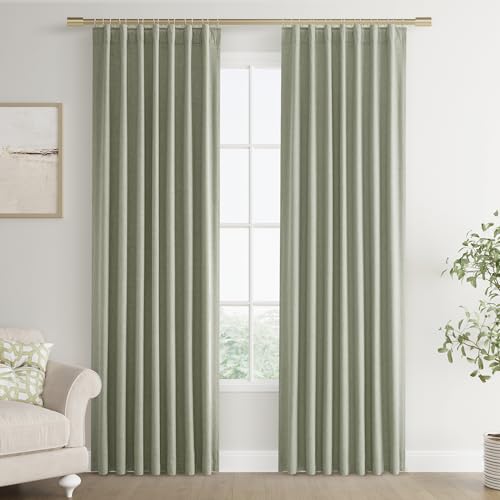 Joywell 100% Blackout Linen Curtains 90 Inches Long for Bedroom Sage Green