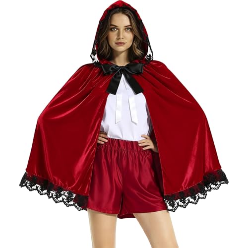 Capa de vampiro para adultos, capa corta roja con dobladillo de encaje con volantes, disfraz de cosplay con capucha desmontable, terciopelo, estilo gótico, ropa festiva, atuendo de fiesta