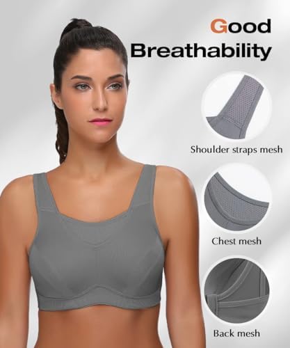 WingsLove High Impact Sports Bras for Women Full Coverage Wirefree Non Padded Workout Bras Full Support Plus Size Bra(Grey,38DD) — view 4