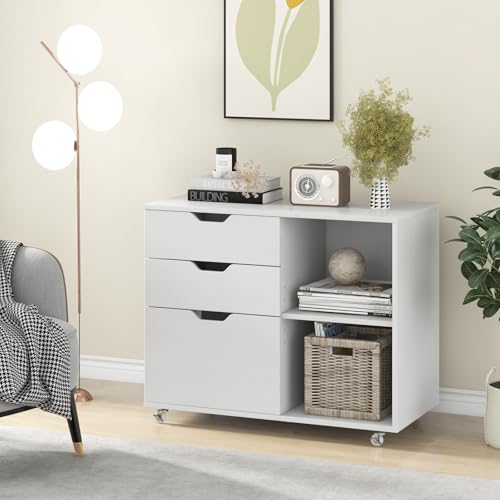 COSTWAY Cajonera con Ruedas, 3 Cajones, Cajoneras Escritorio con Estante Ajustable, Mueble Archivador Oficina, Carta, A4, Tamaño Legal, 81 x 40 x 66,5 cm (Blanco) - imagen 2
