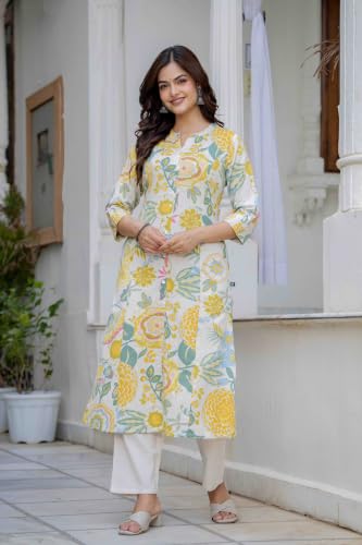 Image of Pistaa's Women's Cotton Relaxed Fit Straight Printed Kurta