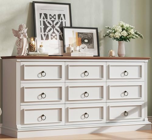 Image of HUAHUU Farmhouse 9 Drawer Dresser for Bedroom, 60 inch Wide Wood Dresser with Roman Column, Chest of Drawers with Antique Bronze Circle Handles, Storage Organizer for Living Room, Hallway, Entryway, White