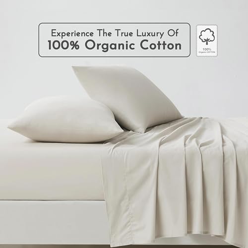 Image of Linen Closet 100% Organic Cotton King Size Sheets Set, 4 Pcs, Beige - Percale Bed Sheets & Pillowcases Set - Up To 16 inch Deep Pocket Fitted Sheet - Cooling, Crisp & Breathable - For Hot Sleepers