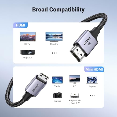 UGREEN 8K Mini HDMI to HDMI Cable 6.6FT Aluminum Braided 8K@60Hz 4K@240Hz Bidirectional HDR eARC Compatible with Raspberry Pi Zero Camera Camcorder Graphics Card Tablet Projector by UGREEN - Used condition - Image 7