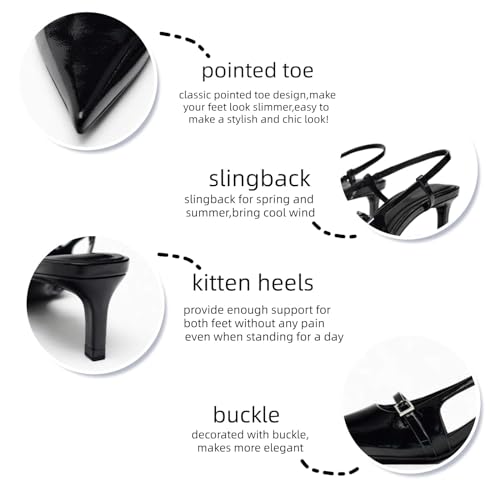 Women's Patent Leather Kitten Heel Closed Pointed Toe Dress Pumps with Adjustable Ankle Straps Slingback Low Heel Casual Sandals for Party Prom Evening Dating3