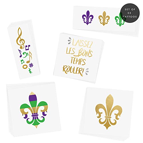 Mardi Gras Variety Set Of 25 Assorted Premium Waterproof Metallic, Purple & Green Temporary Jewelry Foil Flash Tattoos, Temporary Tattoo, Party Supplies, Mardi Gras Party Decor #TOP5