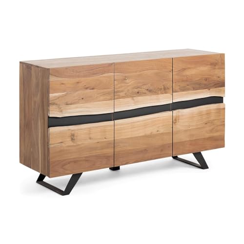 Kave Home - Aparador Uxia 148 x 85 cm con 3 Puertas de Madera de Acacia Maciza y Patas de Acero en Negro