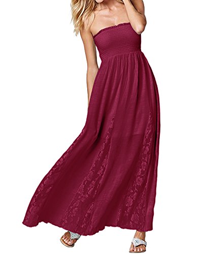 ACHIOOWA Mujer Vestido Cuello Palabra Encaje Punto Falda Sin Manga Playa Boda Suelto Elegante Dress Rojo-Vino S