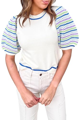 Trendy Short Sleeve Sweater with Bubble Sleeves and Striped Design - White