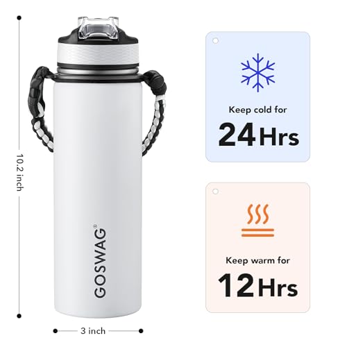 Image of GOSWAG 24oz Insulated Stainless Steel Travel Water Bottle, 2 Lids | with straw and no straw, Paracord handle, Double-wall vacuum keeps drinks cold or hot, Leakproof tumbler