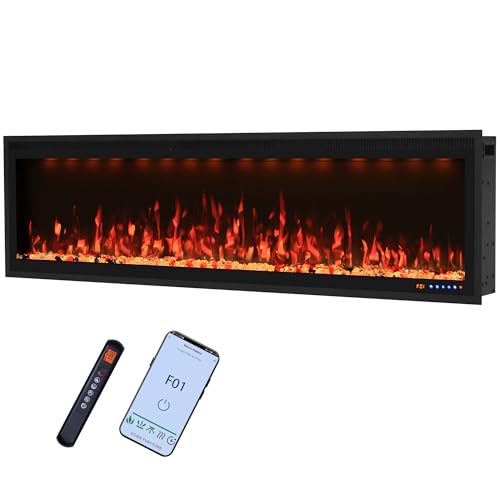 Valuxhome 60inch Recessed Electric Fireplace, Ultra Narrow Frame Design, 13 Flame Colors, 400 Sq.ft, 750/1500W