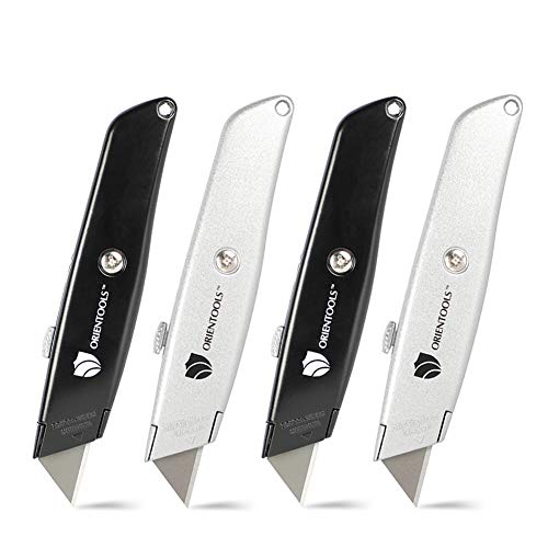 ORIENTOOLS Utility Knife Box Cutter Heavy Duty Retractable,4-Pack, 3 Position Locking Blade, Black and Silver