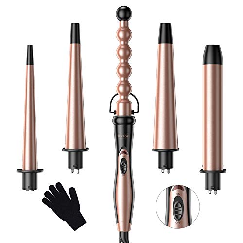 BESTOPE Krultangset krultang met keramische coating, multifunctionele 5-in-1 verwisselbare krultang met anti-verbranding tip en handschoen krultang voor golven krullen