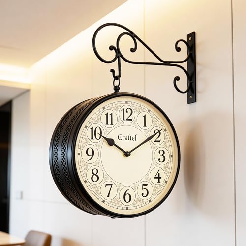 Image of CRAFTEL Double Sided Station Wall Clock | Both Side English Dial | Gift for Home Hall Living Room | Dial - 10 Inch, Matte Black | 365 Days Machine Replacement Warranty