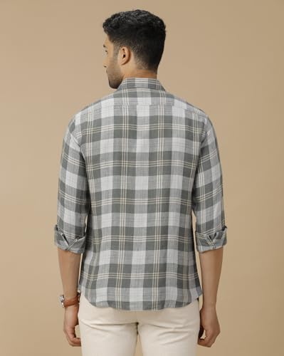 Image of Linen Club Men's Pure Linen Green Checked Contemporary Fit Full Sleeve Casual Shirt