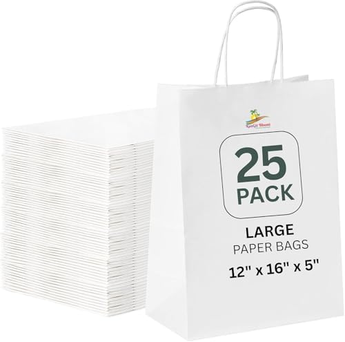 Image of Gift Bags -25pcs 12x16x5 inch Large White Kraft Paper Bags with Handles- Paper Carry Bags for Shopping Retail Merchandise, Party Favor Return Gift Bag, Disposable