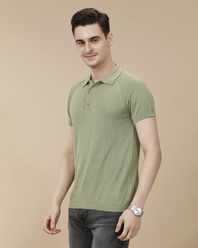 Image of Cavallo by Linen Club Men's Blended Linen Green Solid Contemporary Fit Half Sleeve Polo Neck T-Shirt