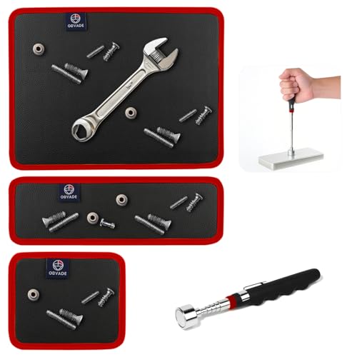 Magnetic Tool Mat Set 4 Pack Tool Mat Set with Telescoping Pickup Tool | 40LB Strong Magnetic Mat for Tools | Screws & Parts Garage Workshop Organizer for Mechanics & DIY(Red)