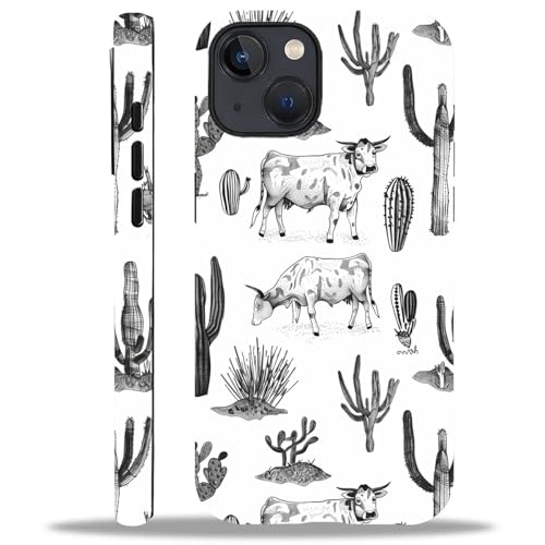 yicomon Compatible with iPhone 13/iPhone 14 Case, Highland Cows Cacti Pattern Print Matte Phone Case Durable Fashion Funny Liquid Silicone Case Soft Anti-Scratch Shockproof Protective Cover