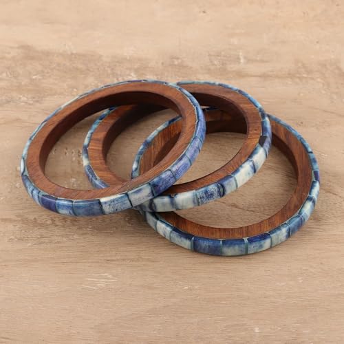 NOVICA Artisan Handmade Bone Mango Wood Bangles Blue Bracelets Set of 3 Brown India [ 8 in Inner Circ. x 0.2 in W] ' Blue Saga' Set of 32