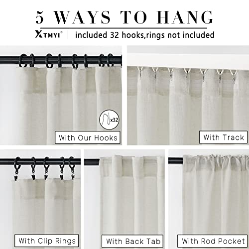 96 Inches Long Modern Farmhouse Linen Curtains For Living Room,Hang Pin Hooks(No Rings)Back Tab Sheer Pleated Curtains For Bedroom Dining Room,96 Length 2 Panel Set,Ecru Cream Colored(Ivory/Off White) #TOP5