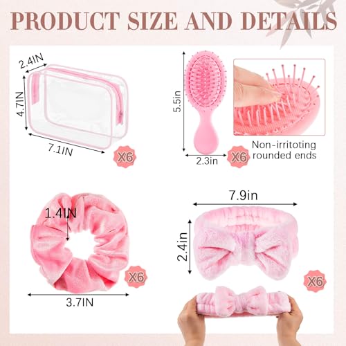 6 Set Pink Spa Party Favors for Women Travel Makeup Brush Bag Mini Hair Brushes Headband Scrunchies for Sleepover Bachelorette Wedding Bridal Shower Party Supplies Bridesmaid Gifts2