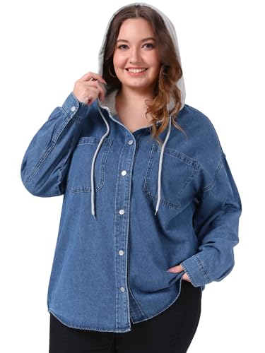 Agnes Orinda Plus Size Denim Jackets for Women Hoodies Long Sleeve Button Down Jean Jacket with Hood Western Outfit