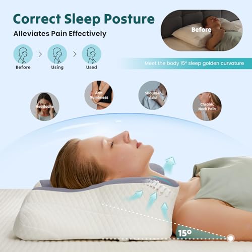 Image of DUMOS Cervical Neck Pillow, Cooling Ergonomic Memory Foam Pillows for Neck Pain Relief with Breathable Pillowcase, Dual Height Orthopedic Support Contour Pillow for Side, Back, Stomach Sleepers, Grey