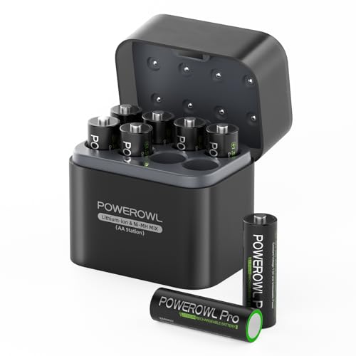 POWEROWL Rechargeable Lithium AA Batteries 8 Pack with Charger 1.5V Constant Voltage 3600mWh Double A Battery with Lithium/NiMH Charger Storage Box for Camera/Game Controller
