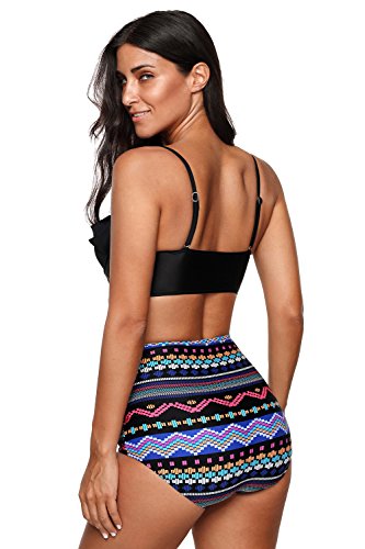 Falbala Retro Hi Waist Bikini Strappy Pinup Black Floral Tribal Swimsuit Bktfb3 #TOP3