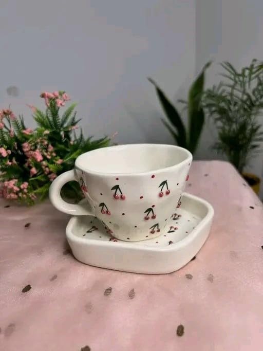 Image of THE MOON STORE Ceramic Coffee Cup and Saucer Set, Cherry Pattern Design, White, 250ml for Gift Aniversary and Birthday