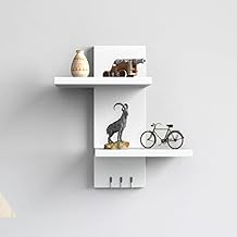 flux Wooden Wall Shelves for Home Decor Items Floating Book Rack for Study Room, Office, Kitchen Mounted Shelves with Hooks Tower Design for Bedroom (Hash 2 Tier with Hook, White)