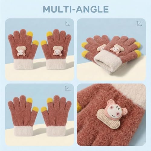 Image of Kraptick Kids Winter Gloves - Ultra-Soft Thick Knit Fuzzy Warm Mittens for Boys & Girls Cute Bear Patch Thermal Hand Warmers for Toddlers & Children -2