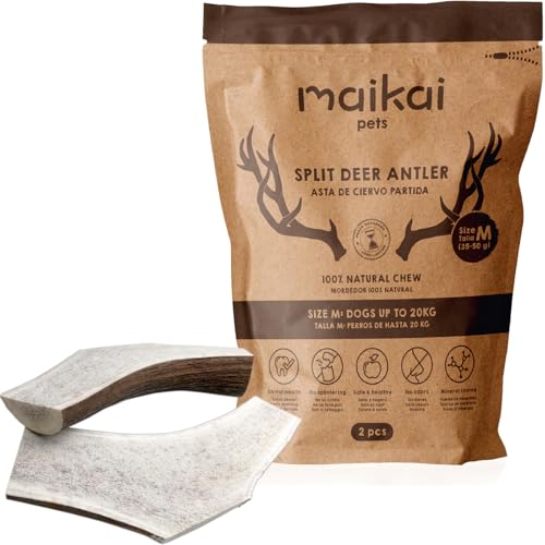 MAIKAI Packung 2 Hirschgeweih für Hunde in Zwei Hälften geteilt Größe M 100% Natürlicher Kauknochen + Widerstandsfähig Hundeknochen Ideal für Mittlere Hunderassen bis 20 kg Hundespielzeug