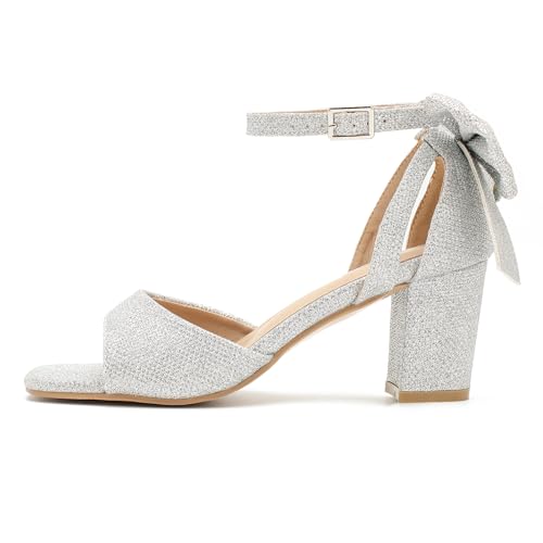 omthaka Women's Bow Tie Heeled Sandals Comfortable Block Chunky Heels Ankle Buckle Dress Bride Wedding Shoes Silver 40 US8 by omthaka - Used condition - Image 2