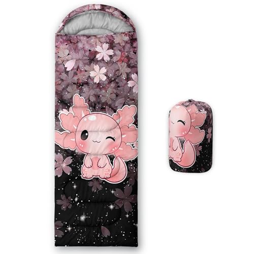 Bolsa de dormir QOOMO Axolotl Cherry Blossom para camping, 3 estaciones, ligera y resistente al agua para adultos y niños miniatura 1