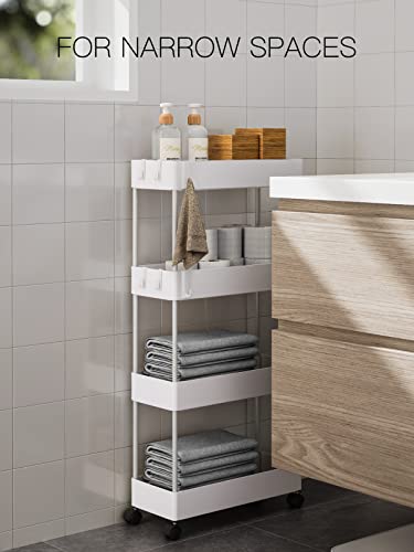 Pipishell Slim Storage Cart With Wheels, 4 Tier Bathroom Storage Organizer Rolling Utility Cart For Bathroom Kitchen Laundry Room Office Narrow Place (White) #TOP2