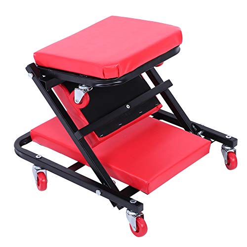 Silla de Taller Mecánico Plegable, Taburete de Trabajo con Asiento Suave + 6 Ruedas Elásticas Carga 150kg, 91 x 42 x 12 cm