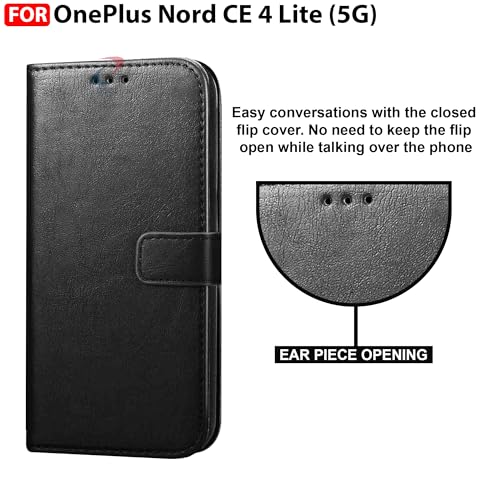Image of CEDO Flip Cover for OnePlus Nord CE 4 Lite / CE4 Lite (5G) | Leather Finish | Inside Pockets & Inbuilt Stand | Shockproof Wallet Style Magnetic Closure Back Case Flipcover (Black)