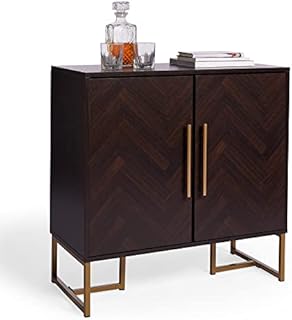 Spinningfield Sideboard Parquet Design - Cabinet w/Dark Wood Walnut Veneer - 2 Door Chevron Buffet w/Gold Handles & Legs - Modern Luxury Style Storage Credenza For Living Room, Dining Room & Lounge