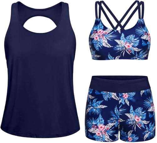 Image of Yonique 3 Piece Tankini Swimsuits for Women Swim Tank Top Bathing Suits with Boy Shorts and Bra Athletic Swimwear