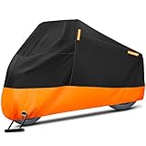 Puroma Motorcycle Cover, XXX-Large Waterproof Motorbike Cover Outdoor Indoor Scooter Shelter Protection with 4 Reflective Strips for Harley Davidson, Honda, Suzuki, Kawasaki, Yamaha (Black & Orange)