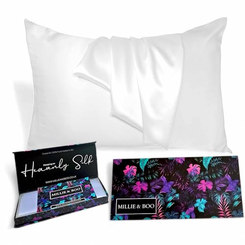 Millie & Boo Silk Pillowcase - 22 Momme Organic Silk Pillowcases for Hair and Skin White 50x75cm with Zipper Closure & Gift Box - Luxury Pillow Case for Women 6A Grade
