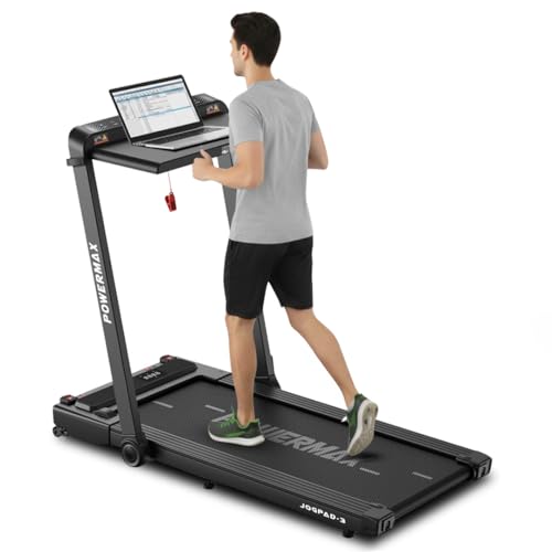 PowerMax Fitness JogPad-3 (4HP Peak) Motorized 2 in 1 Under Desk Treadmill for Home Workout | Walkingpad | Remote Control, Max user 110kg, Top speed 12 kmph, LED Display, Bluetooth,Speaker,ipad holder