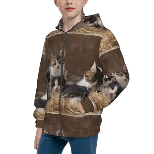 Cat Family Kids Pullover Hoodies Boys Zip Up Sweatshirts Girls Athletic Clothes with Pocket