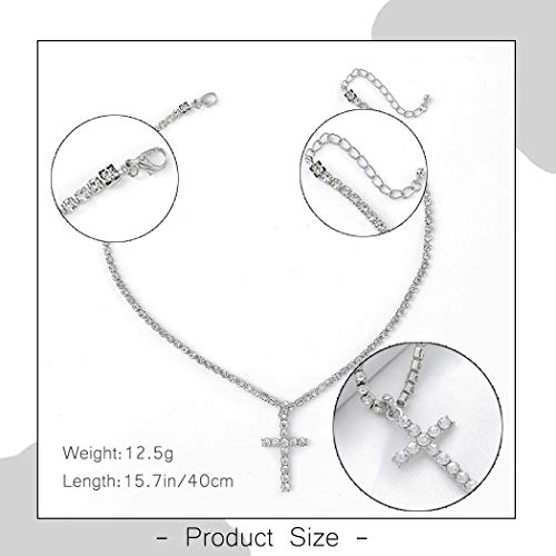 Gangel Silver Vertical Cross Tennis Necklace Glittering Chain Simple Fashion Pendant Exquisite Choker Jewelry with Rhinestone for Women (Pack of 1)4