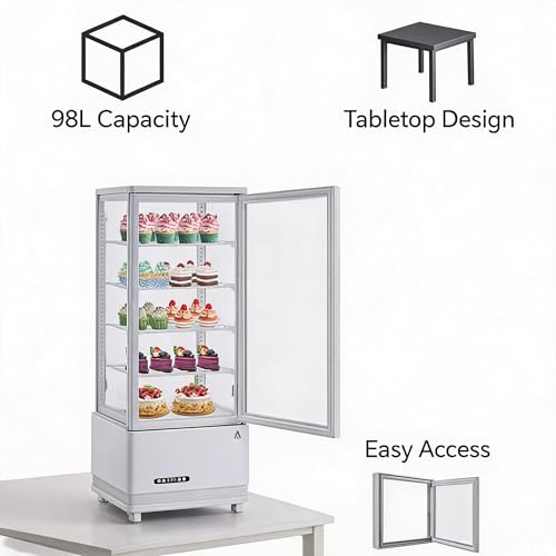 Image of Countertop Refrigerated Display Cabinet 98L, Single Door Display Fridge, Double-Layer Tempered Glass Front with Anti-Fog Defogger, 110V US Standard, White ABS Body, 20.87 x 19.09 x 47.05 in