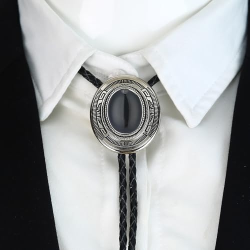 Image of Vintage Western Cowboy Rodeo Black Agate Bolo Tie for Men Women | Premium braided leather, adjustable sliding clasp, anti-tarnish alloy pendant, versatile western bolo tie